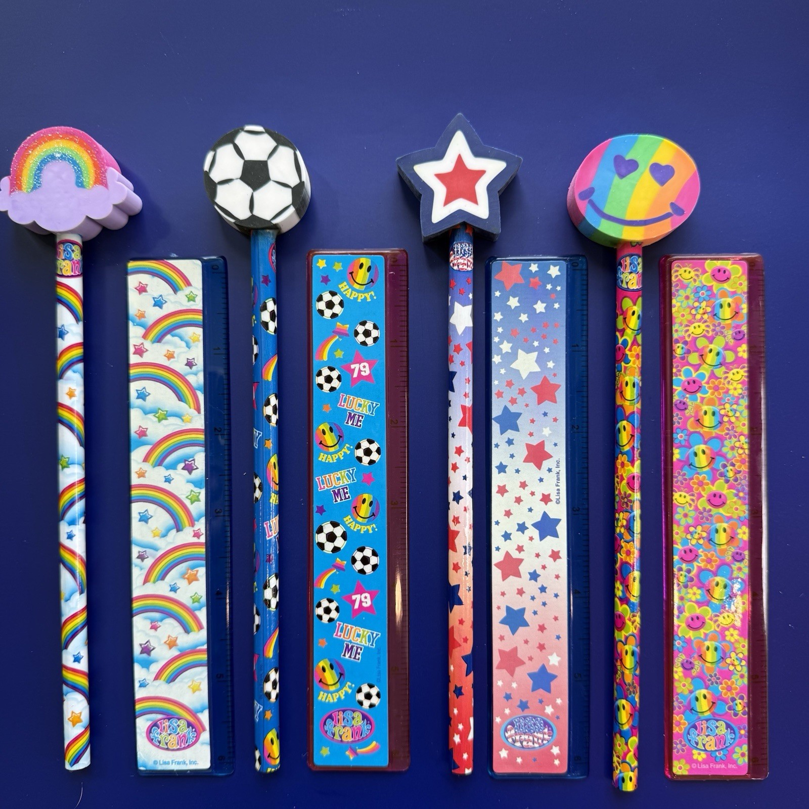 4 Vintage Lisa Frank Pencils W/ Eraser Toppers and Matching Rulers 90\'s NEW 4 Vintage Lisa Frank Pencils W/ Eraser Toppers and Matching Rulers 90\'s NEW