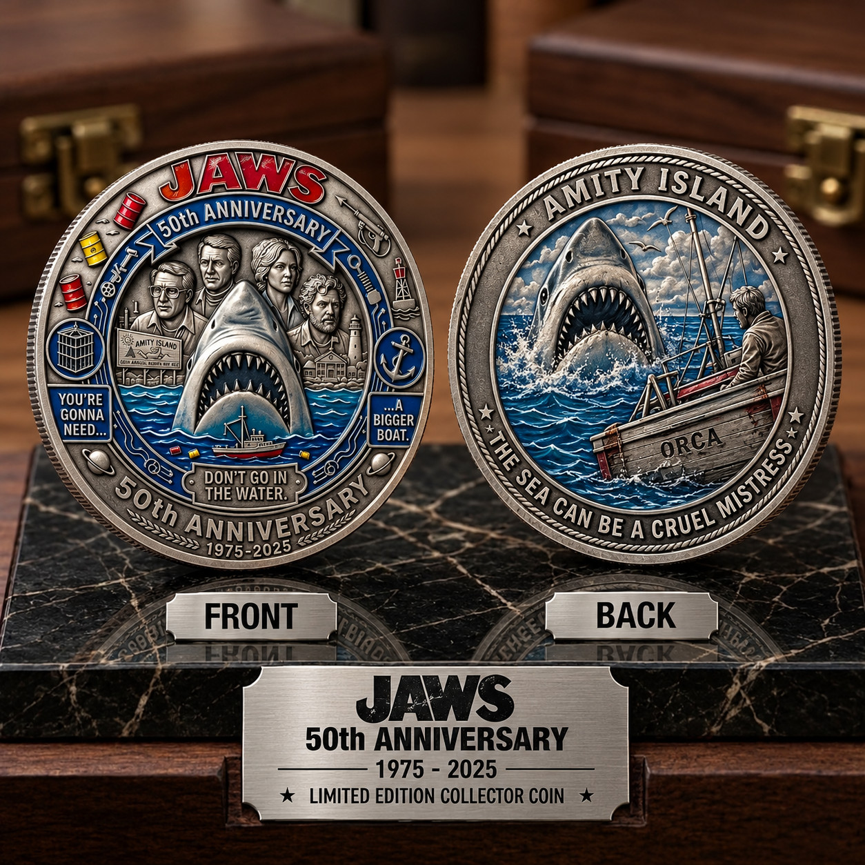 Jaws 1975 Great White Shark Film 50 th Anniversary Collector Coin Jaws 1975 Great White Shark Film 50 th Anniversary Collector Coin
