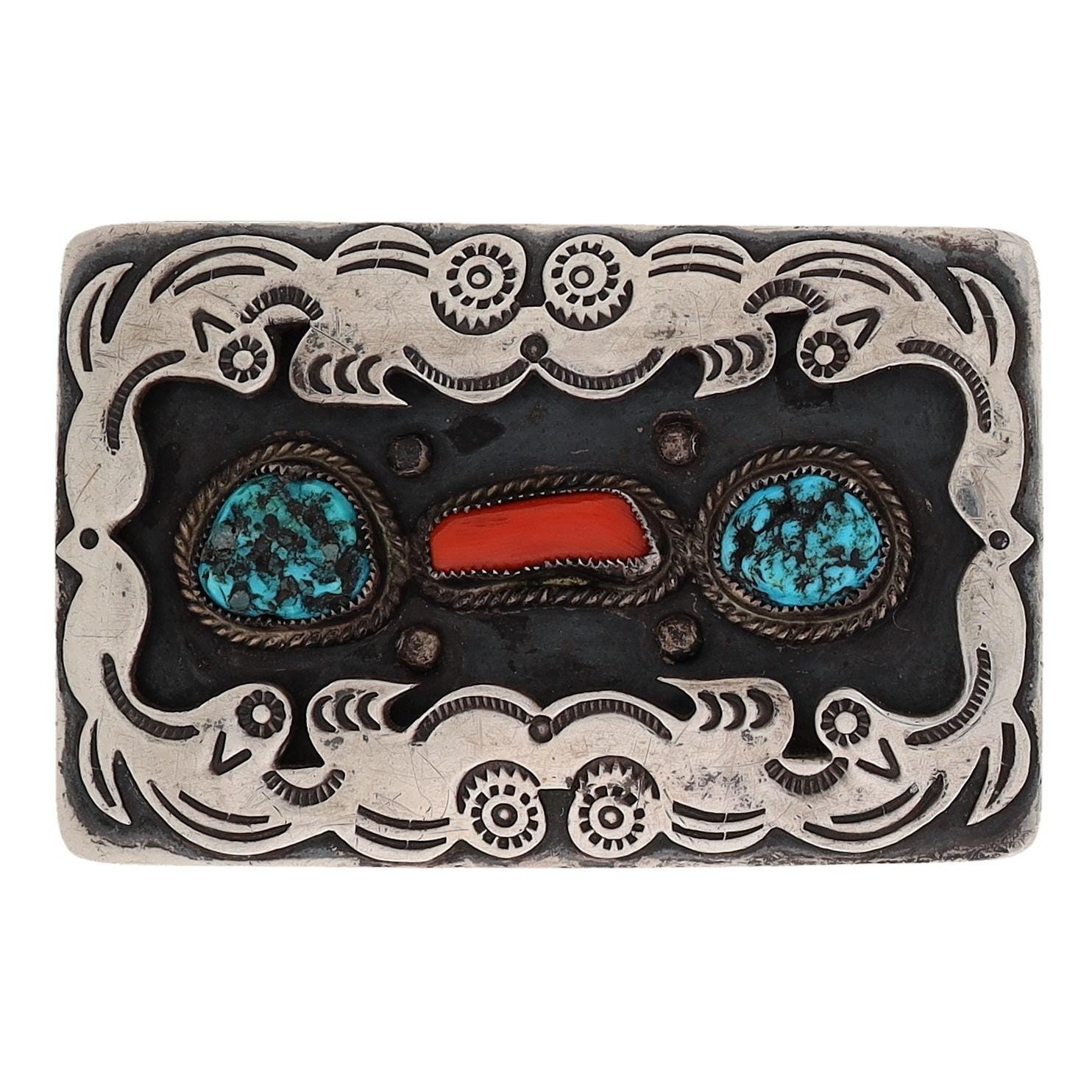 Vtg Navajo HMIJ Ortega Native American Sterling Silver Turquoise 925 Belt Buckle