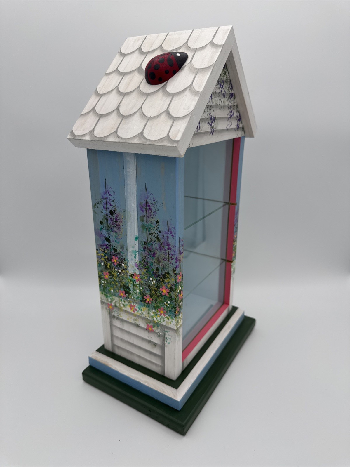 Wee Forest Folk 3 Shelf Display Case Ladybug Painted Wood Mirror Glass OOAK