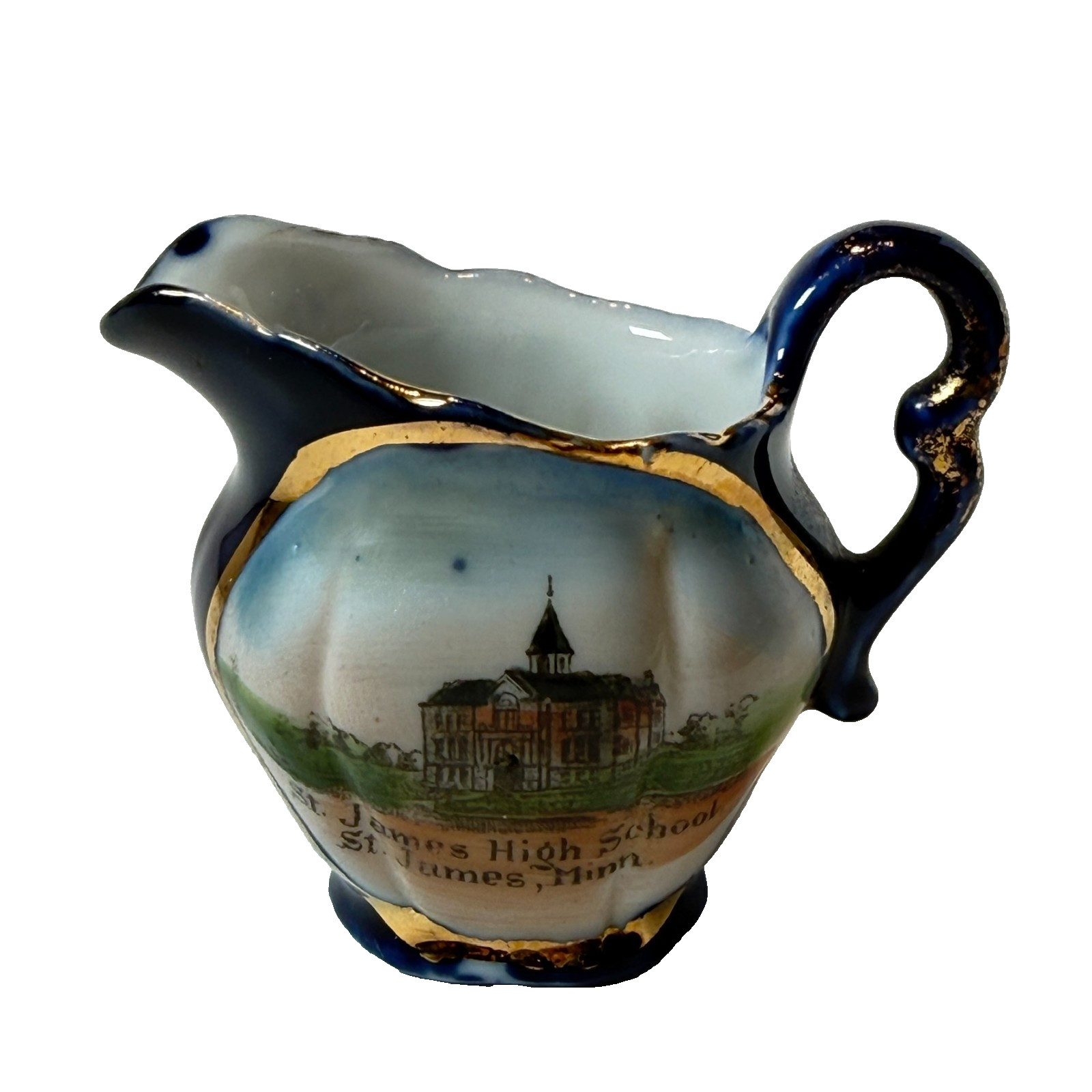 ST. JAMES  MN MINNESOTA - HIGH SCHOOL Souvenir ANTIQUE TRINKET COBALT CREAMER