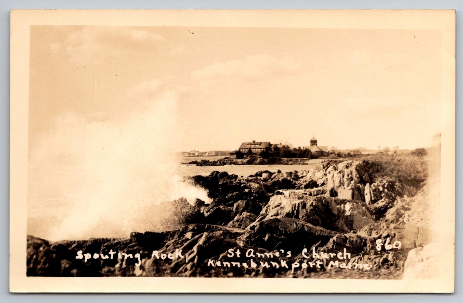Spouting Rock. St. Anne\'s Church. Kennebunkport, Maine Real Photo Postcard RPPC.
