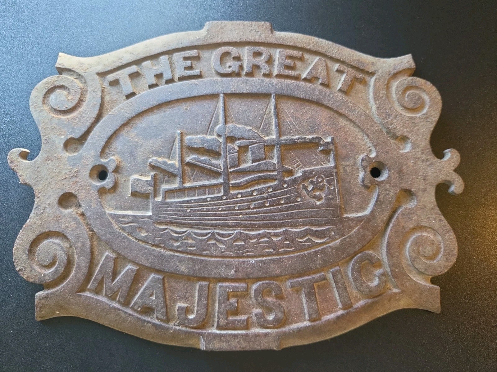 Antique THE GREAT MAJESTIC Cast Iron Stove Oven Door Plate Steam Ship Logo 35R