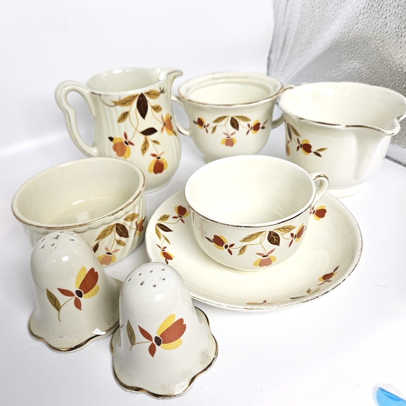 Hall China Autumn Leaf Jewel Tea Co Vintage Creamer Sugar Pitcher Set 8pc