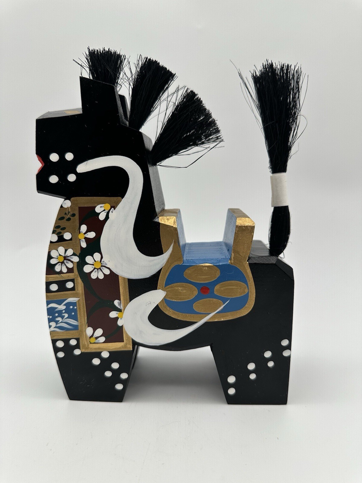 Vtg Hachinohe Yawata-Uma Black Horse Hand-painted Wooden Japanese Folk Art 7”