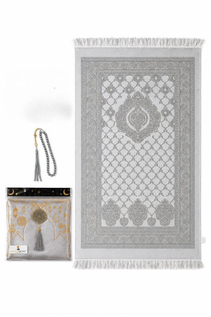 AzeemQuest Muslim Prayer Rug Janamaz Gift Set with Prayer Beads - Cream & Grey AzeemQuest Muslim Prayer Rug Janamaz Gift Set with Prayer Beads - Cream & Grey