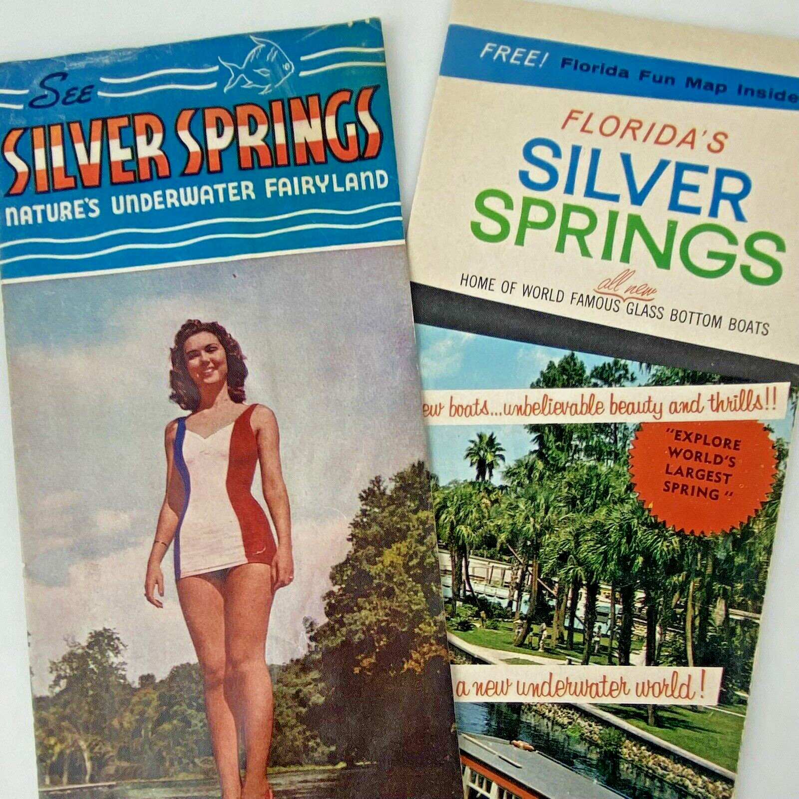 LOT 2 FLORIDA SILVER SPRINGS BROCHURE Ocala FL Women Swimsuit Underwater Vintage