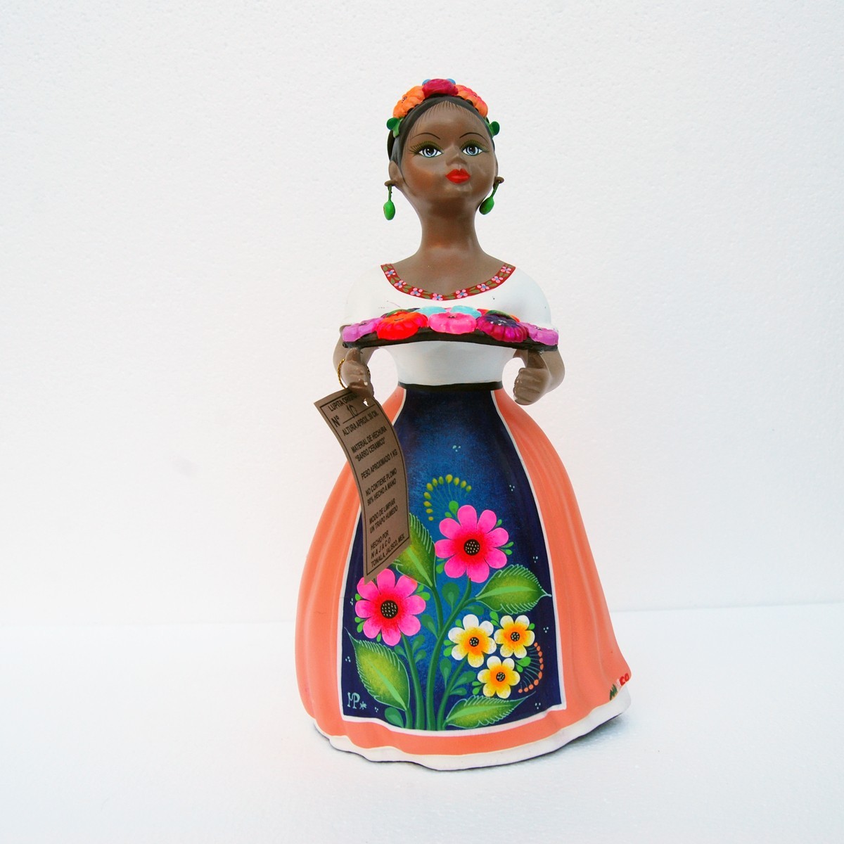 NAJACO Lupita Original  Mexican Folk Art Pottery Doll Holding a Flower Basket