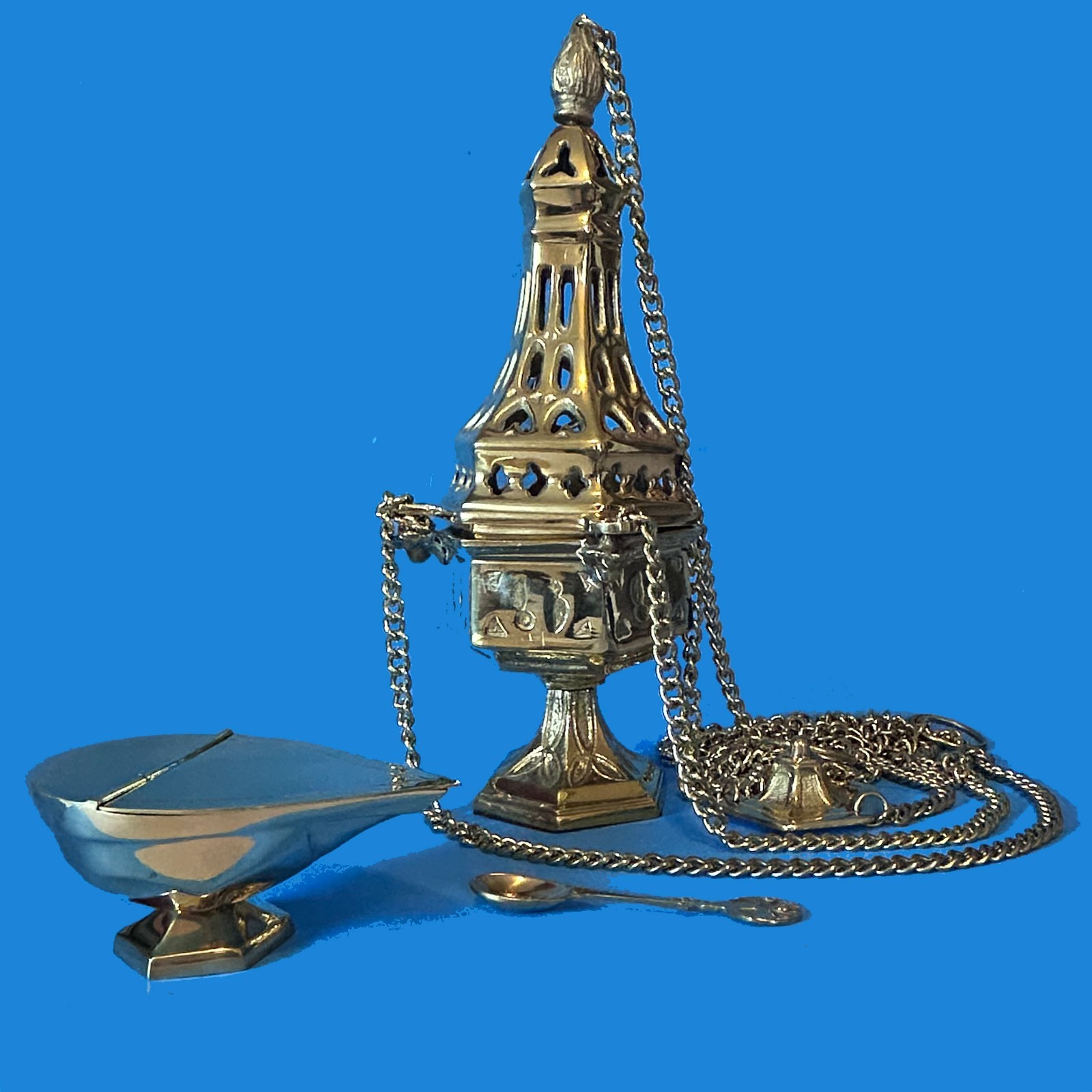 12 Inch Brass Hanging Censer / Thurible/ Incense Burner with Boat and Spoon 12 Inch Brass Hanging Censer / Thurible/ Incense Burner with Boat and Spoon