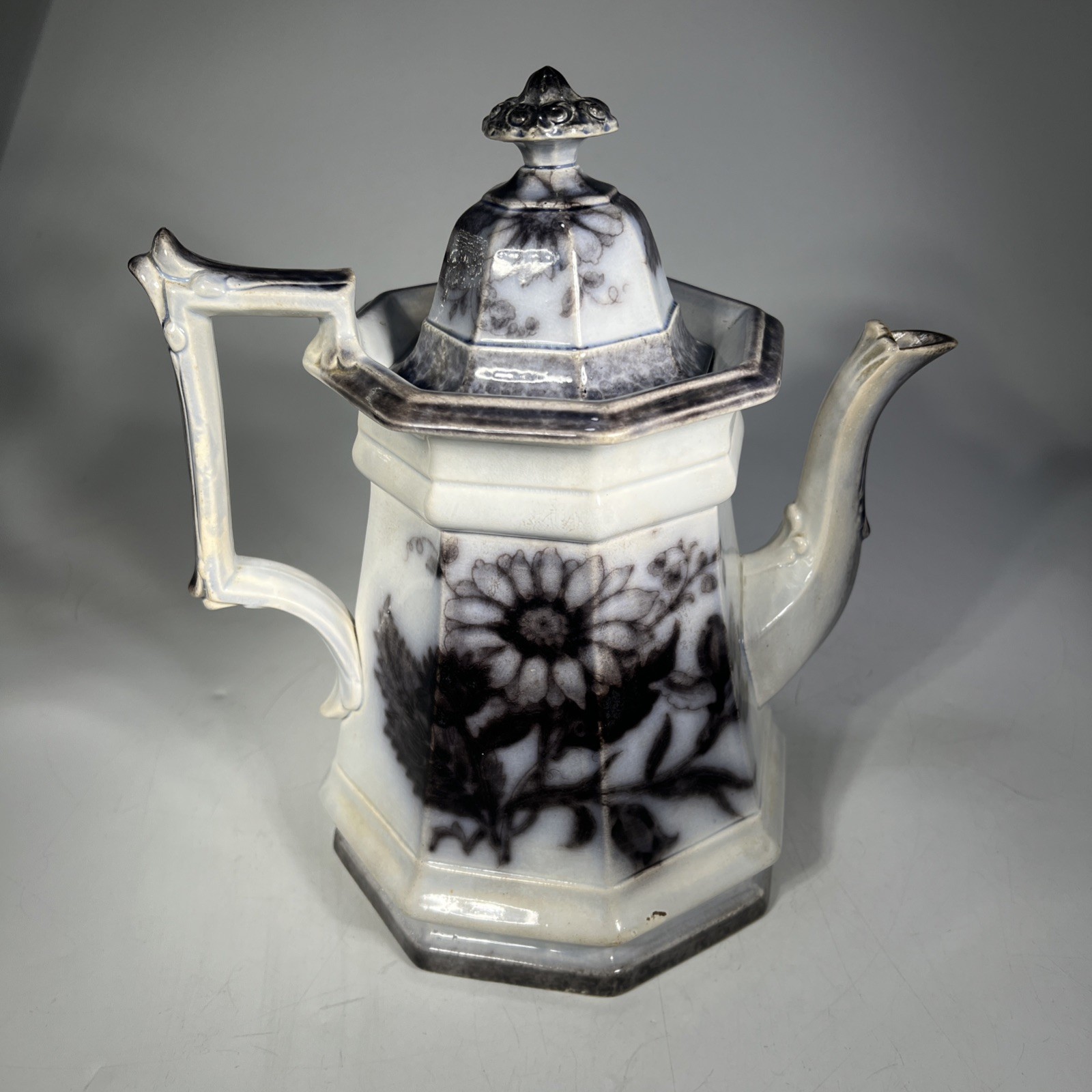 Antique Thomas Walker Flora Mulberry Flow Black Transferware Tea Coffee Pot