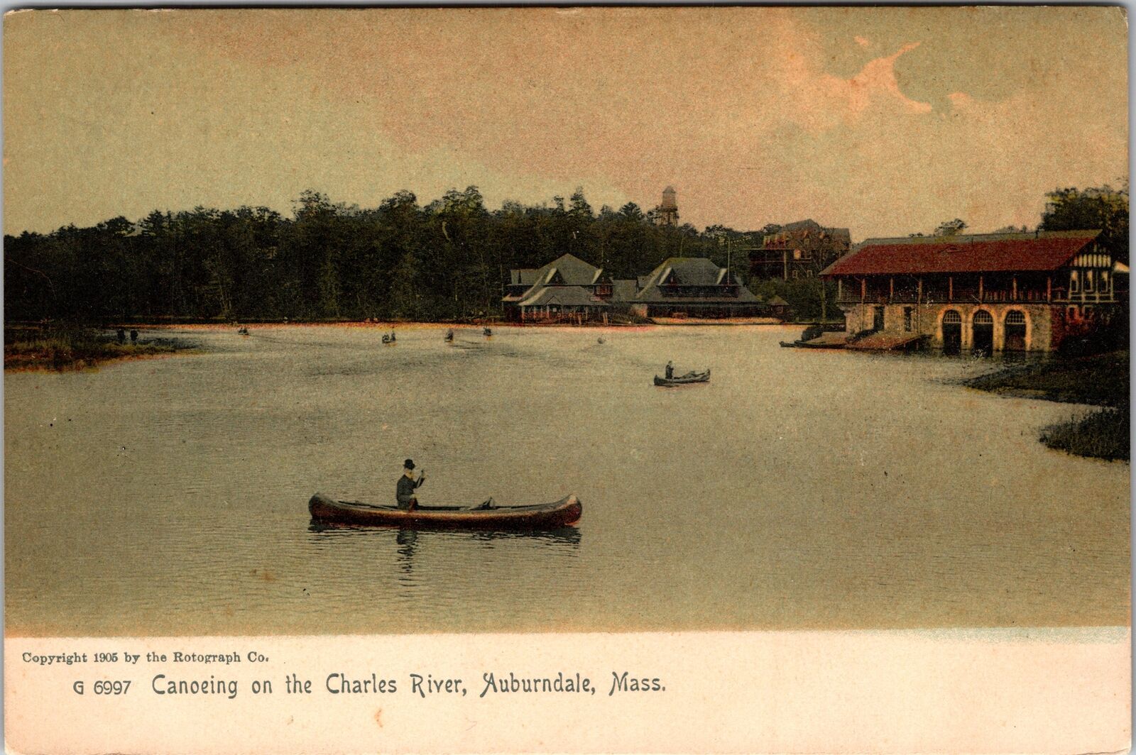 Auburndale MA-Massachusetts, Canoeing On Charles River Vintage Souvenir Postcard