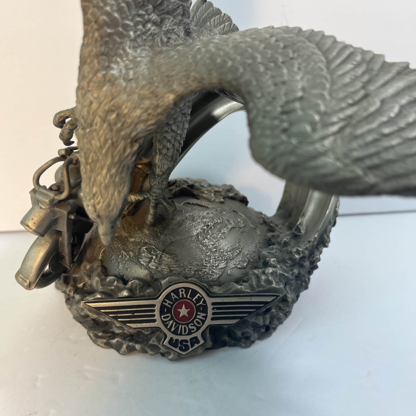 THE THUNDER IN THE SKY, HARLEY DAVIDSON PEWTER BIKE AND SORING EAGLE STATUE