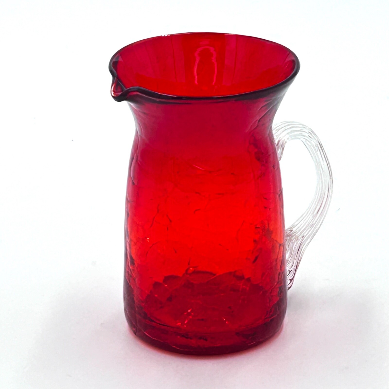 Vint Ruby Red Handblown Crackle Glass Mini Pitcher w/Clear Applied Handle Vint Ruby Red Handblown Crackle Glass Mini Pitcher w/Clear Applied Handle