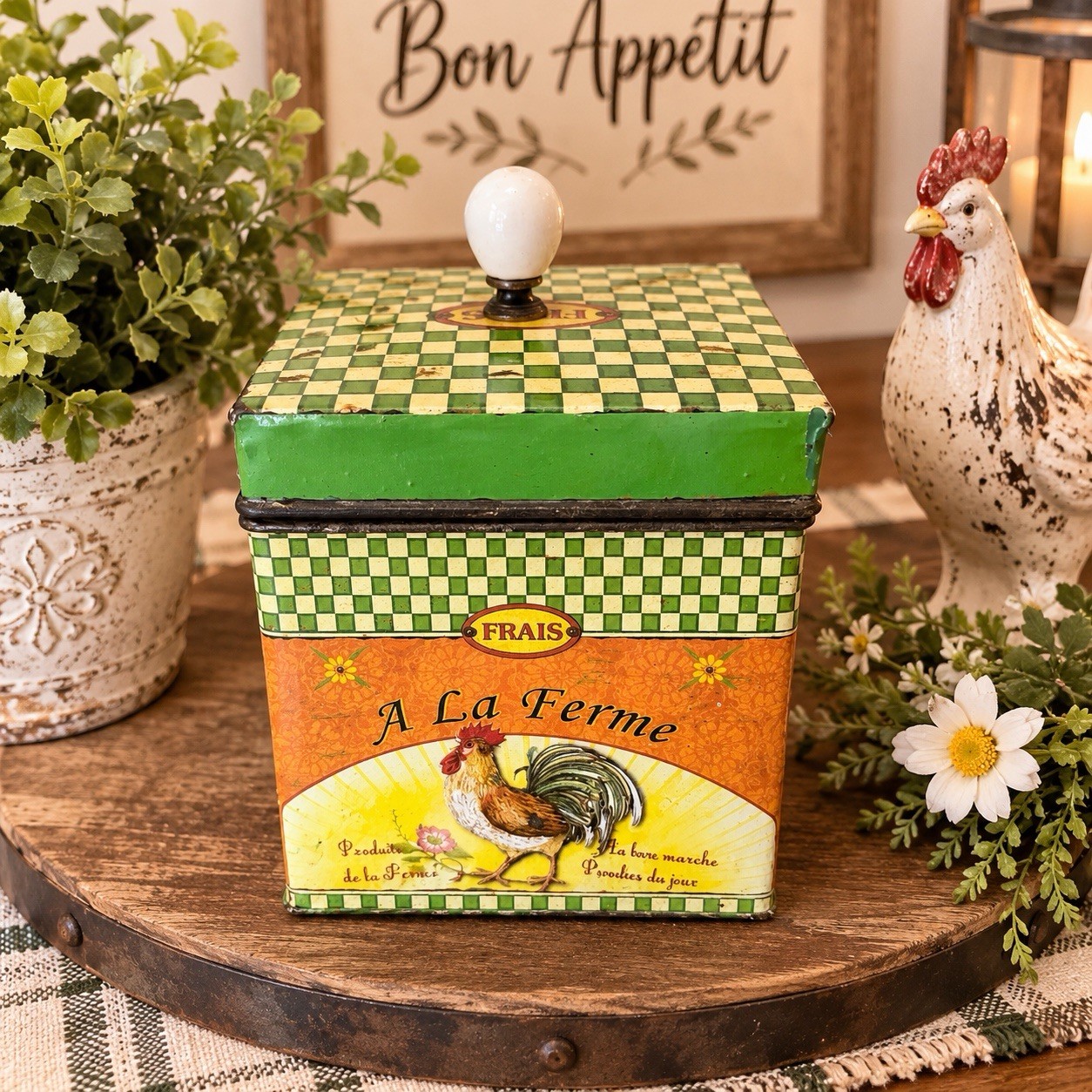 Vintage French Farmhouse Tin Canister Green Chkrbrd Rooster A La Ferme 5x5 3/4 Vintage French Farmhouse Tin Canister Green Chkrbrd Rooster A La Ferme 5x5 3/4