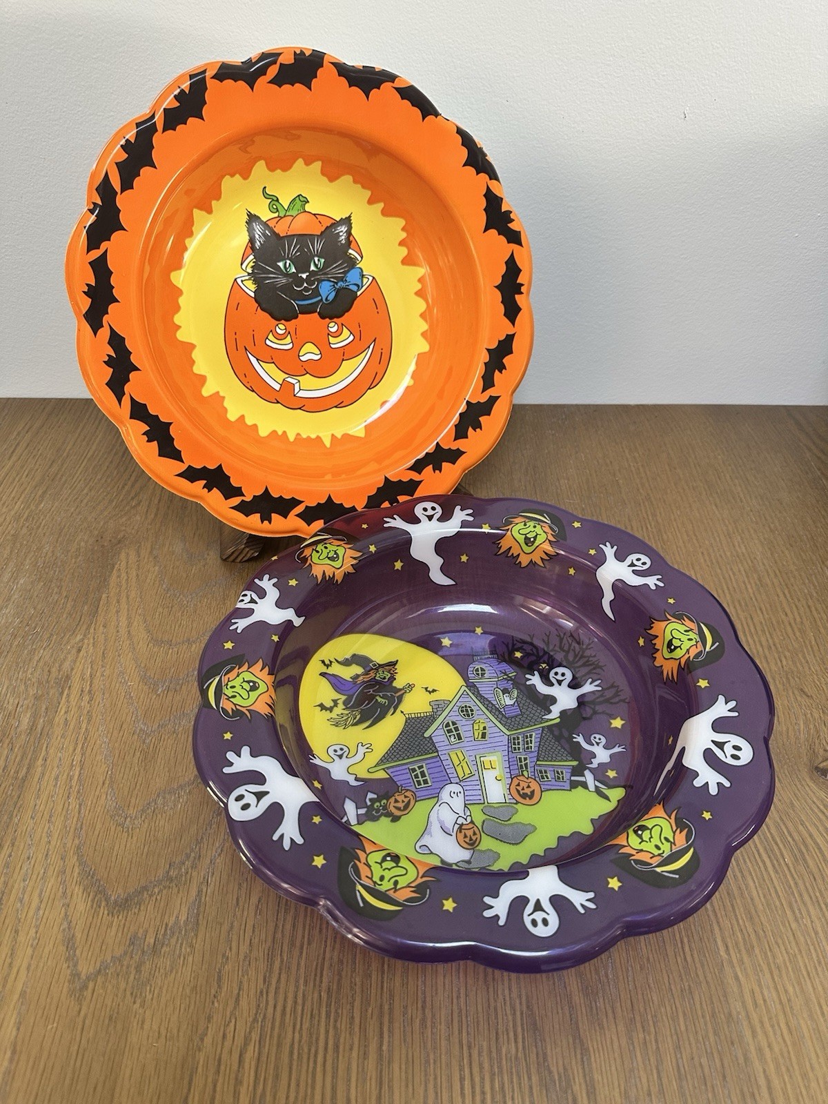 Vtg Berman Industries Halloween Candy Bowls (2) Black Cat Pumpkin Haunted House