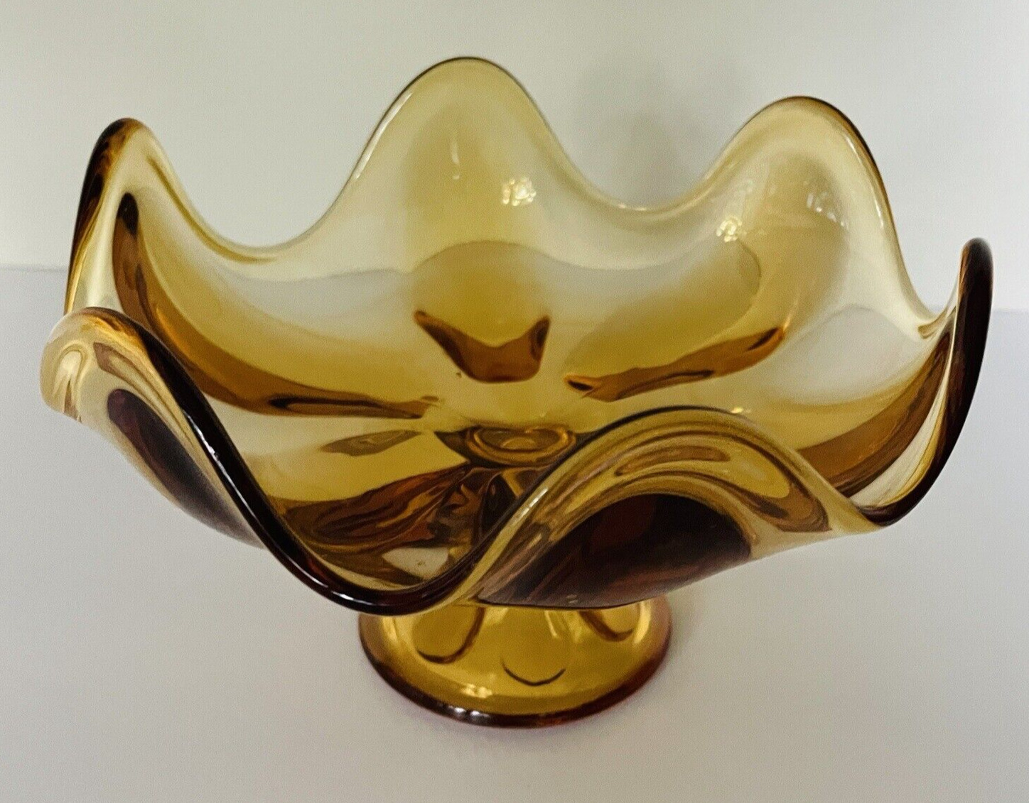 Viking Amber Glass Pedestal Candy Dish Bowl 6 Petal Scalloped Compote 7\