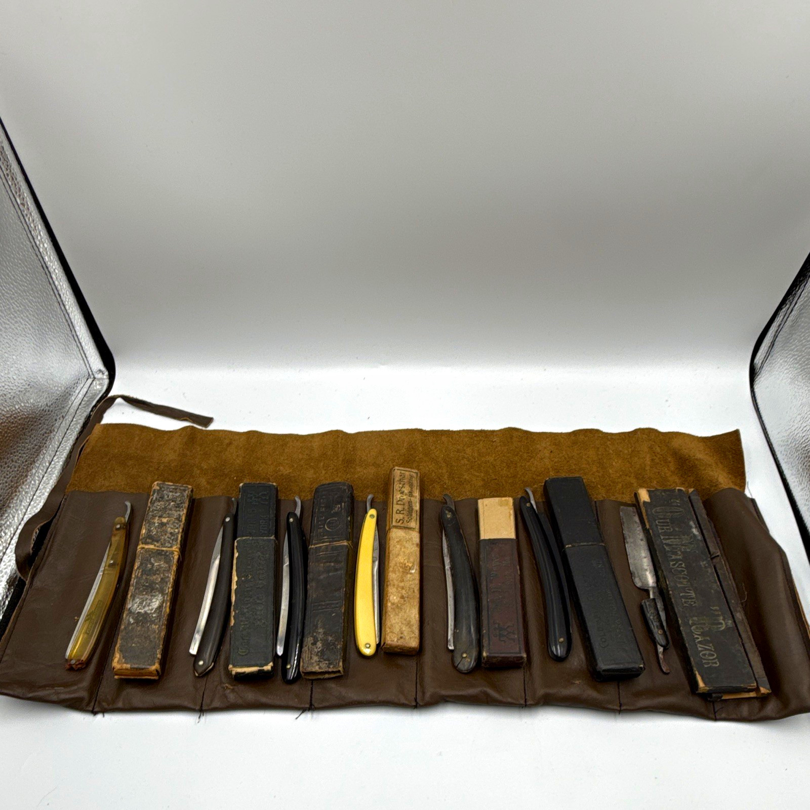 Antique Straight Razor Collection Lot of 7 with Original Boxes & Leather Roll