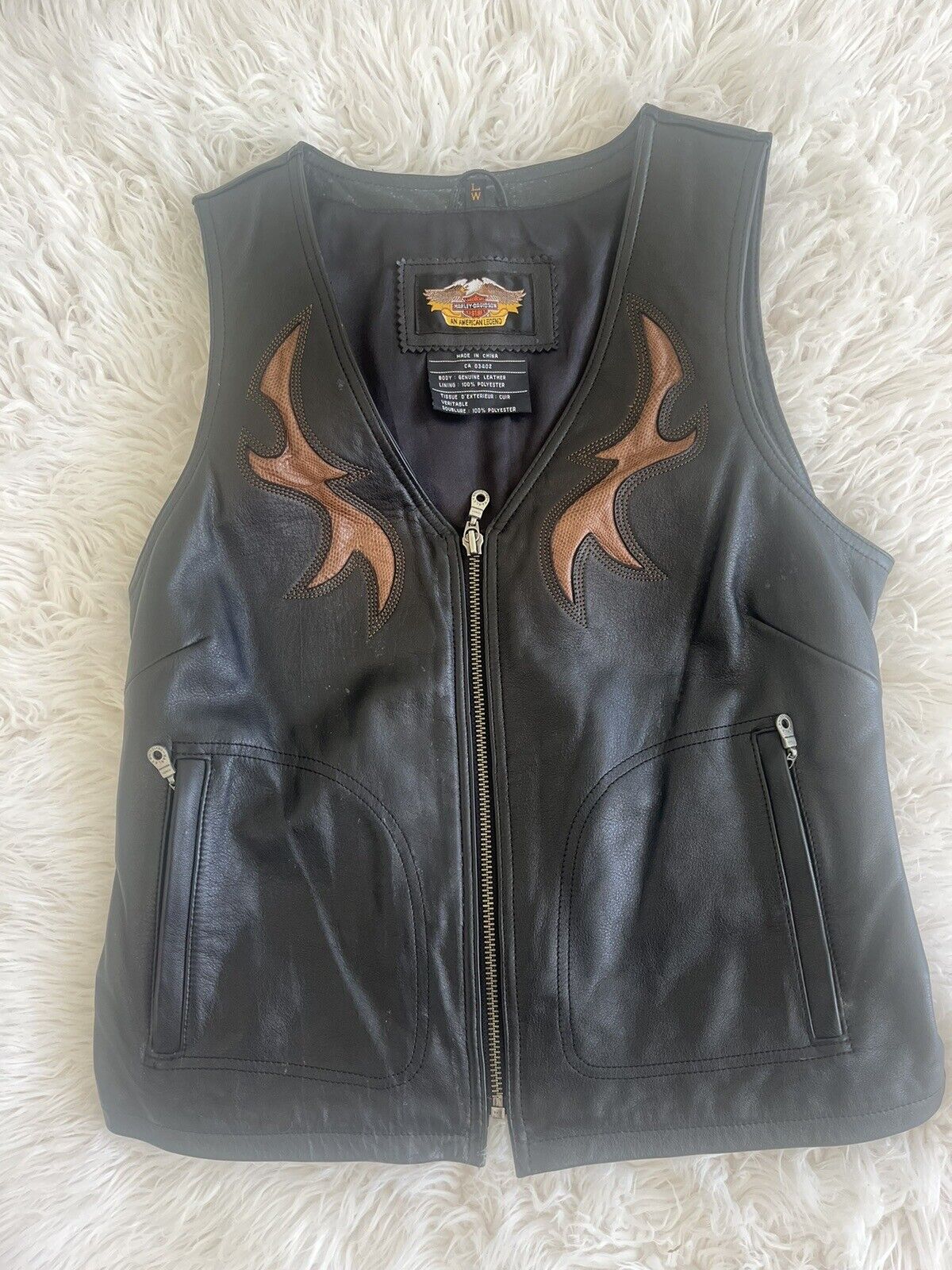 NEW  Harley Davidson Vest WMN L  Black Leather Embroidery Adjustable Laces Zip