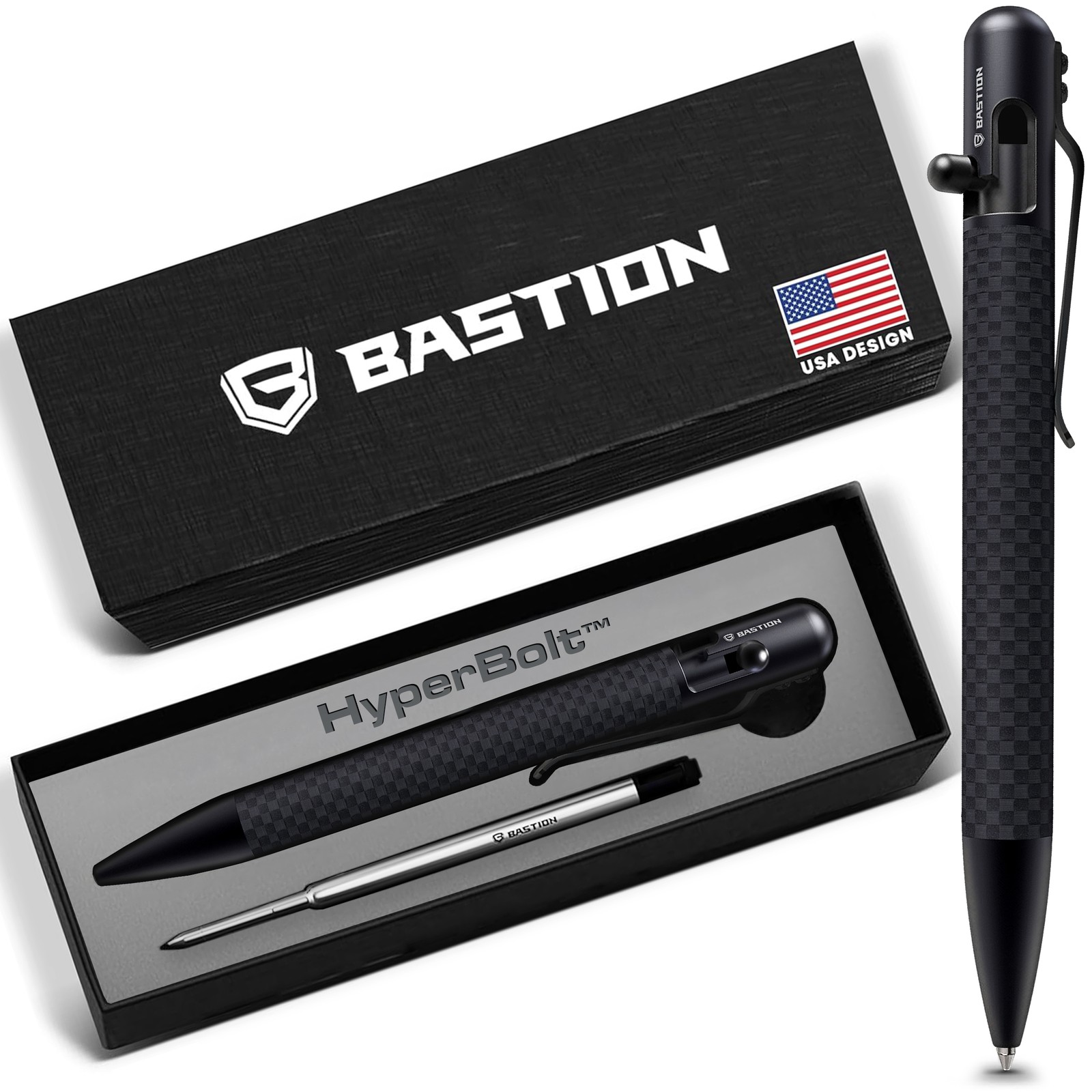 BASTION Carbon Fiber Black Bolt Action Ink Pen | EDC Pocket Mens Gift Luxury