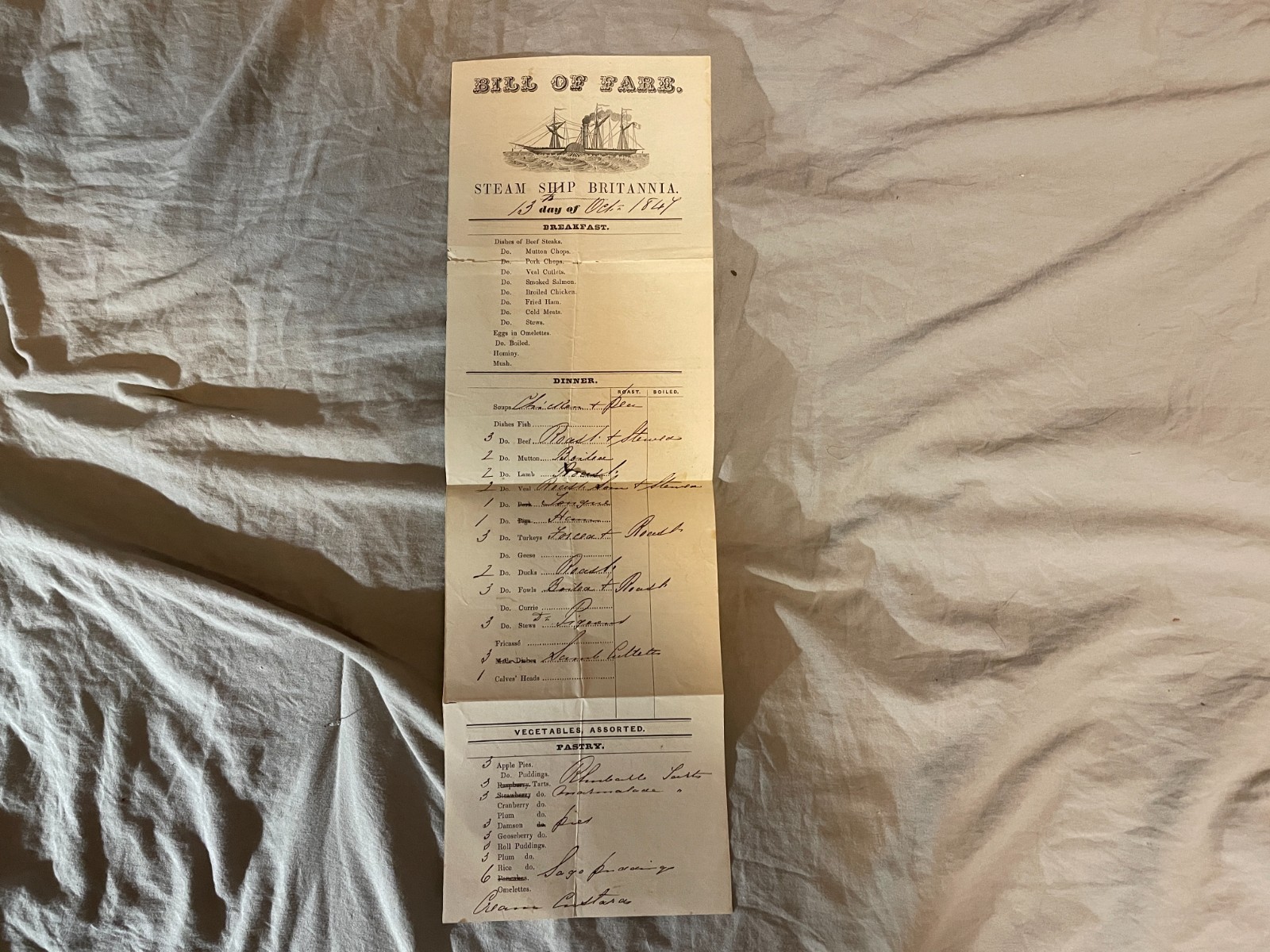 1847 Brittania Cunard Steamship Line Bill of Fare Menu Vintage Liner