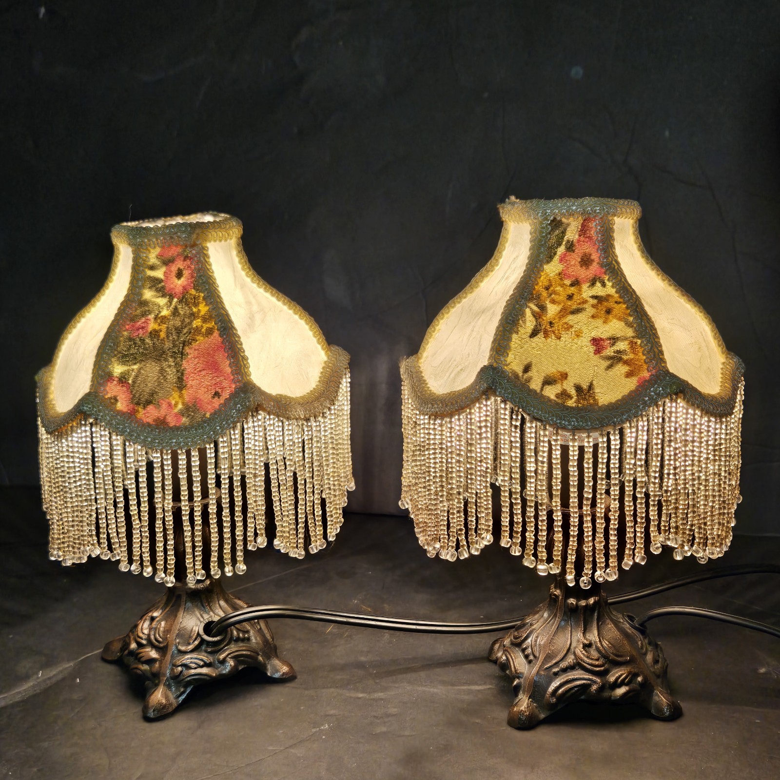 Pair Vintage Small Victorian Fringe Lampshade Floral Fabric Beaded Boudoir Shade