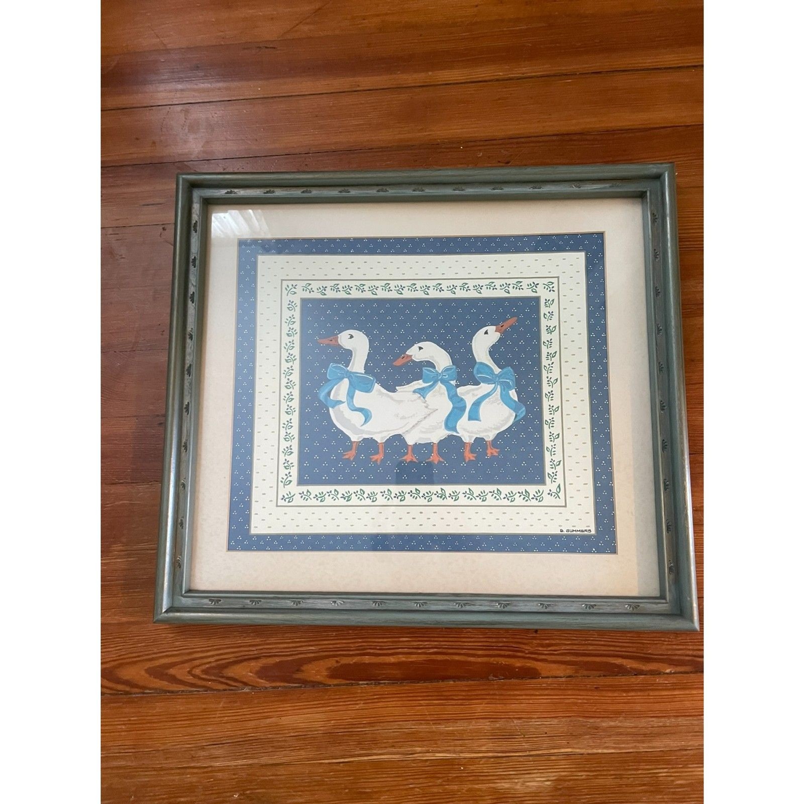 Vintage 1980s Country Geese Matted Framed Art Print by B. Summers