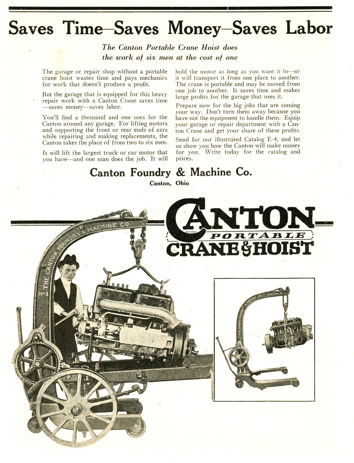 1921 Original Ad. Canton Portable Garage Crane & Hoist. Nice Photo. Canton, Ohio