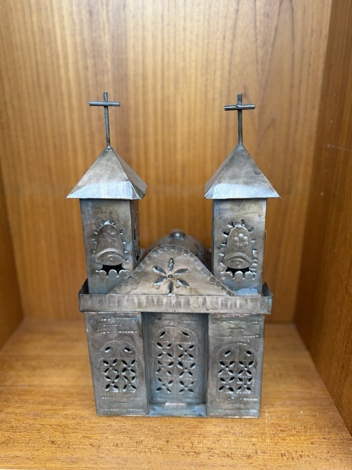 Vintage Punched Tin Church Cathedral Metal Folk Art Lantern 14” Rustic Decor