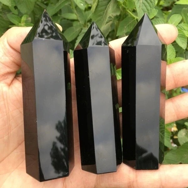 1Pcs Natural Black Obsidian Healing Obelisk Crystal Wand Reiki Tower Point Decor