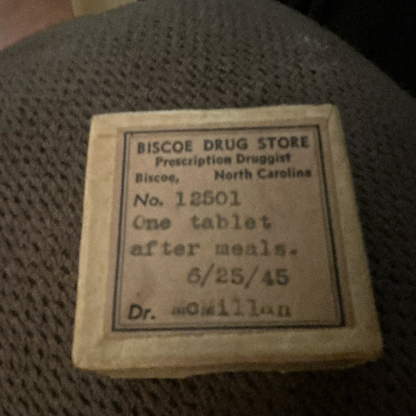 Vintage Biscoe Drug Store Prescription Box No. 12501 North Carolina 6/25/45 Vintage Biscoe Drug Store Prescription Box No. 12501 North Carolina 6/25/45
