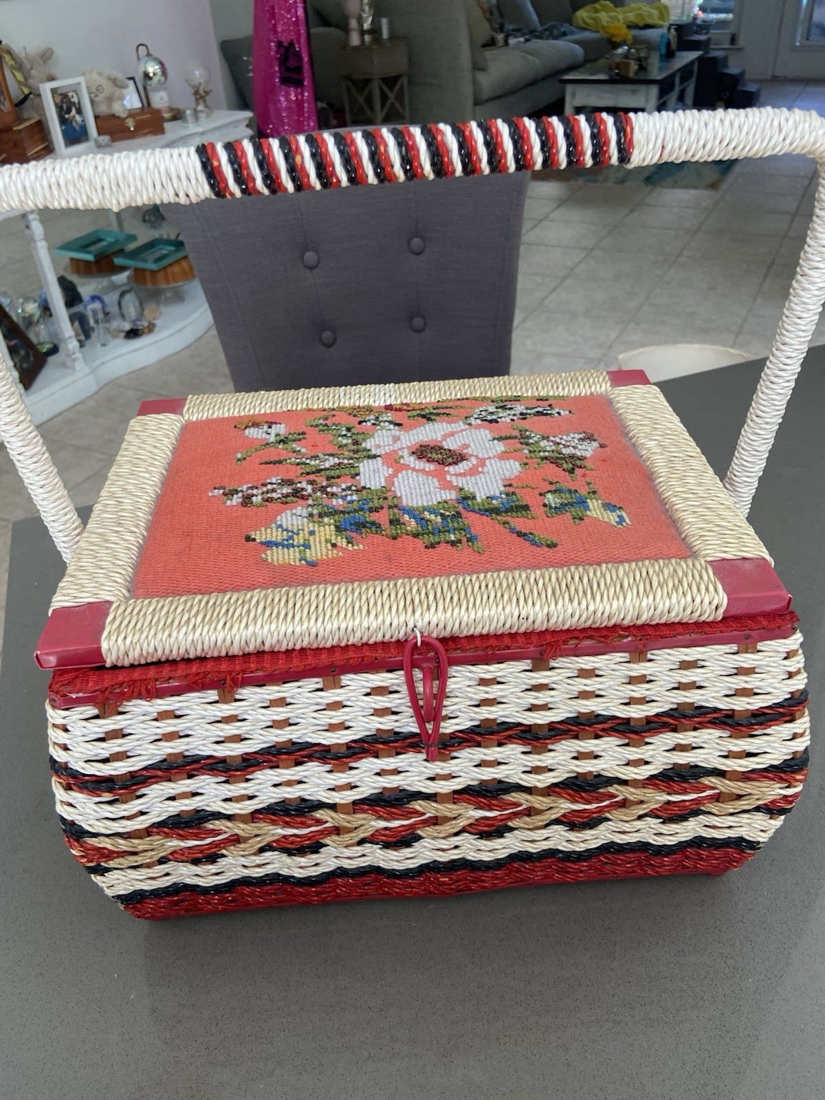 Vintage wicker Embroidery floral Top sewing basket container Japan From JC Penny