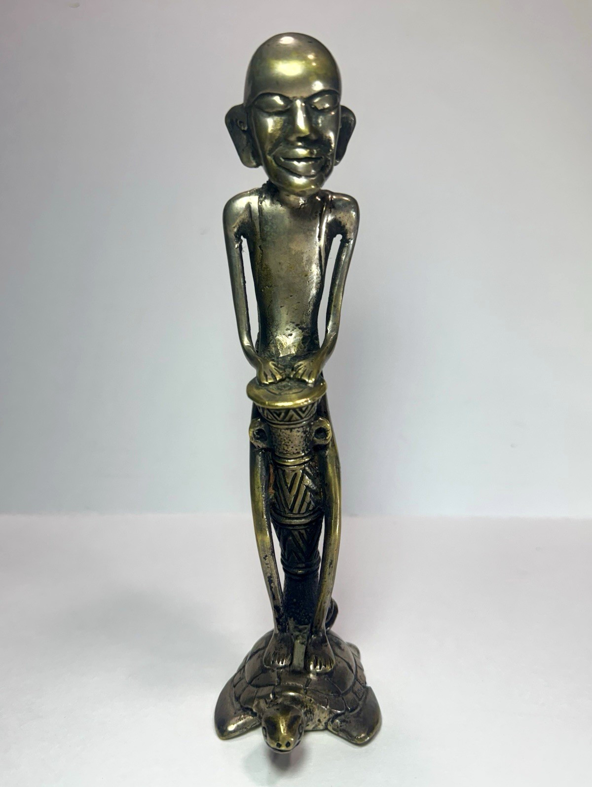 Vintage African Brass Drummer Statue Lost Wax Bronze Tribal Musician Turtle Base Vintage African Brass Drummer Statue Lost Wax Bronze Tribal Musician Turtle Base