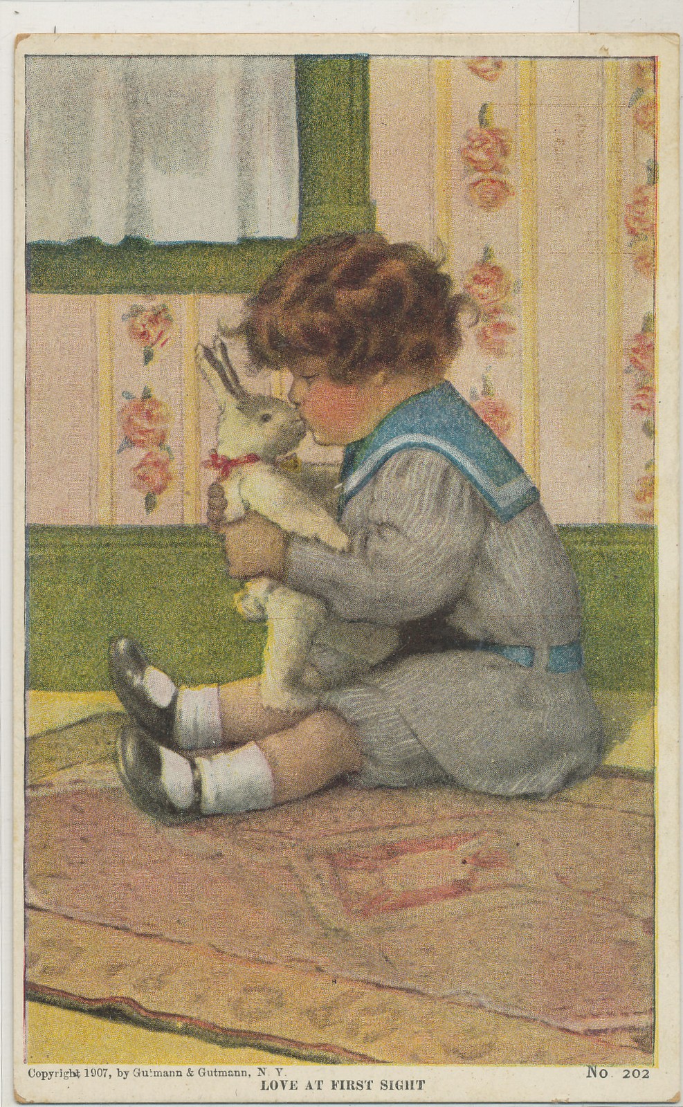 Love at First Sight - Young Child and Toy Bunny Rabbit (c) 1907 Gutmann postcard