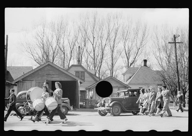 Photo:1930s Neighborhood Parade Drummers Marching Cars Houses