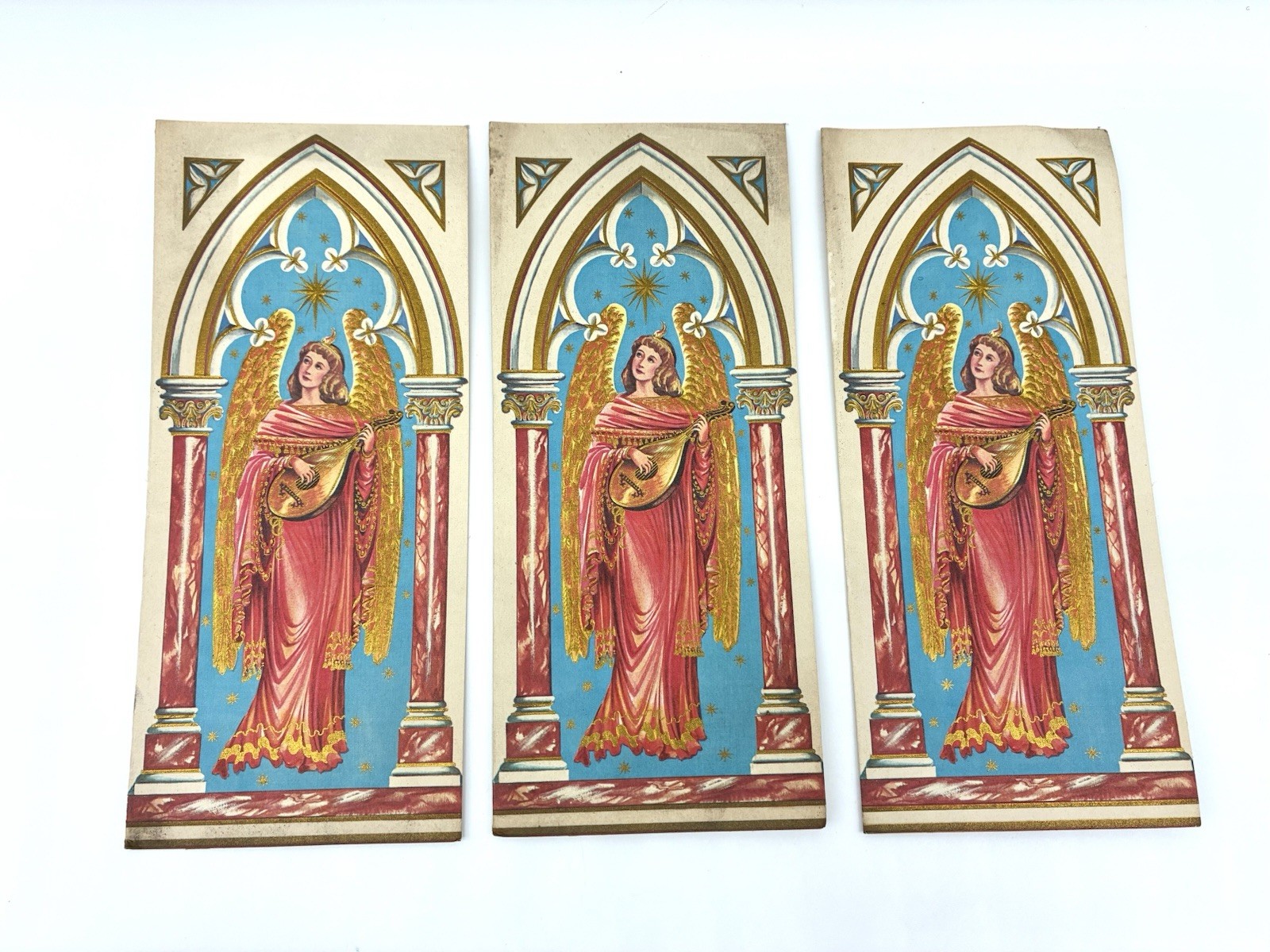 3 Vtg 1950’s greeting cards Kaycrest Cotillion Christmas Angel Playing Lute NOS