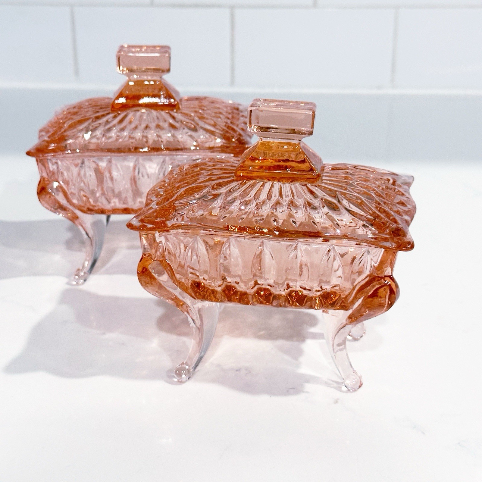 2 VTG Pink Depression Glass Lid Footed Curved Piano Legs Trinket Vanity Box Dish