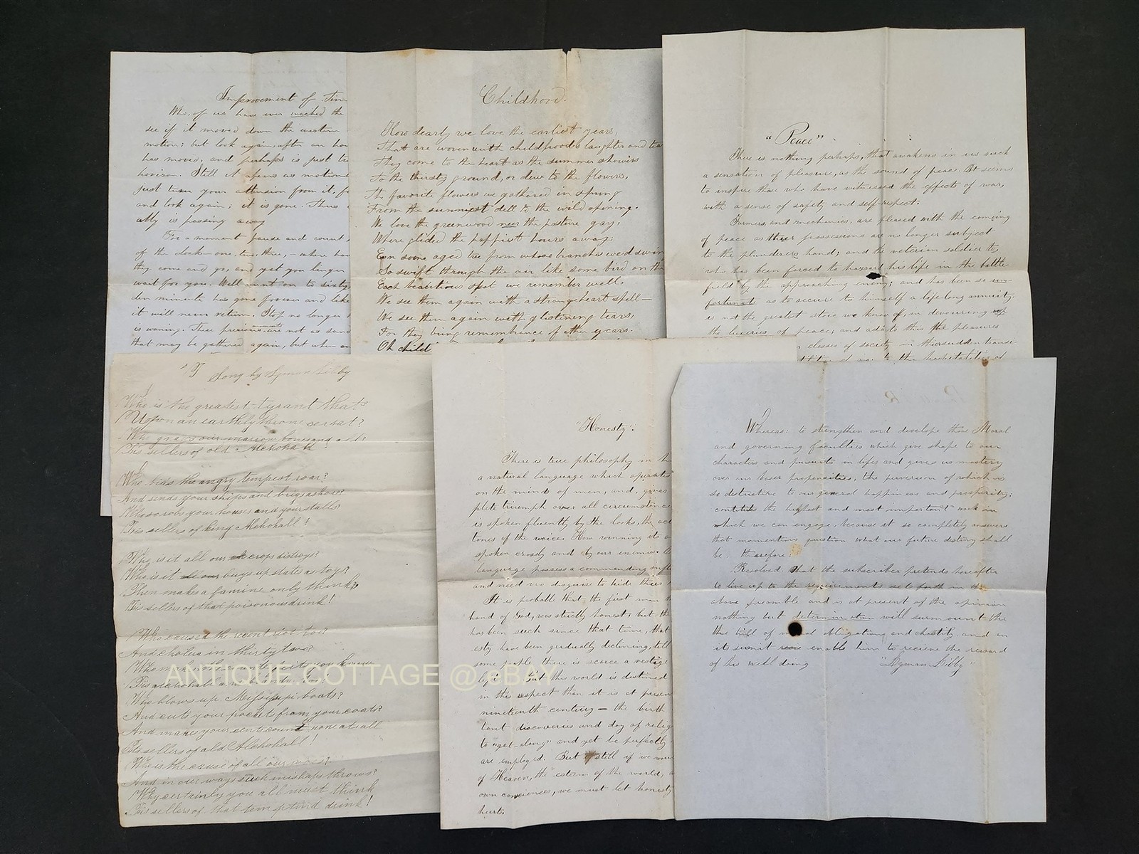 1850s antique 8pc handwritten POETRY PROSE gray me LYMAN LIBBY signed