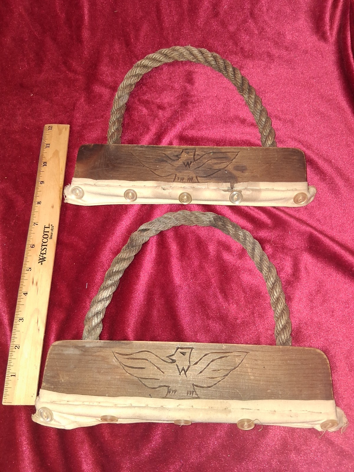 Antique Handcrafted Wooden Rope Handles w/ Eagle Carving Rural US Mail