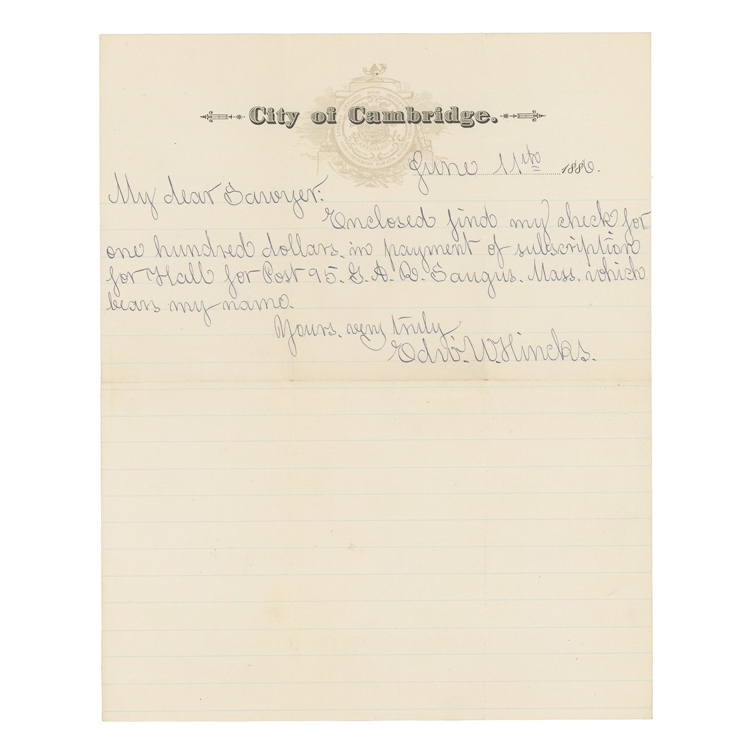 1866 Letter by Gen. Edward W. Hinks, Contributing Funds toward G.A.R. Post 95