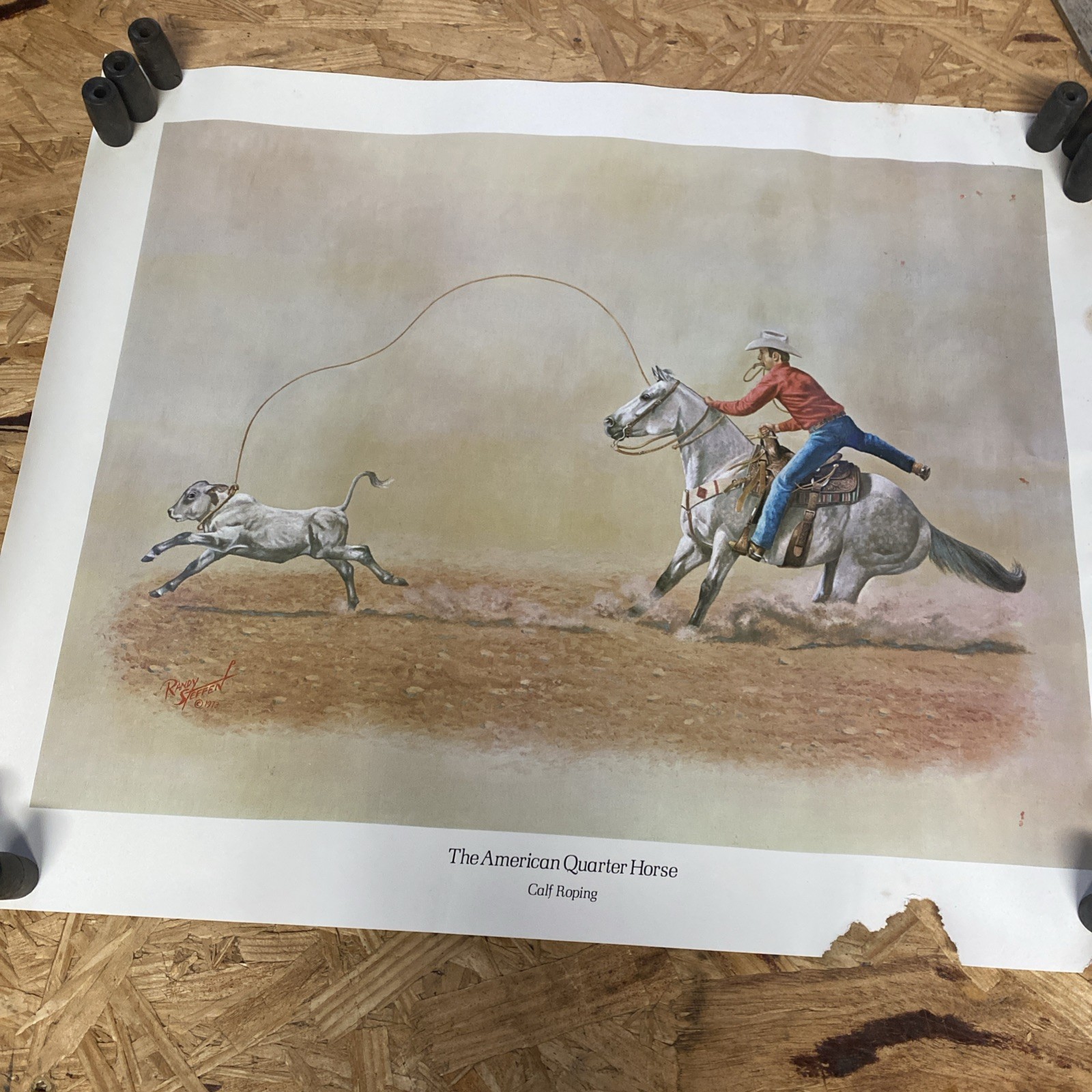 Vtg 1973 Randy Steffen The American Quarter Horse Calf Roping Print 20x16