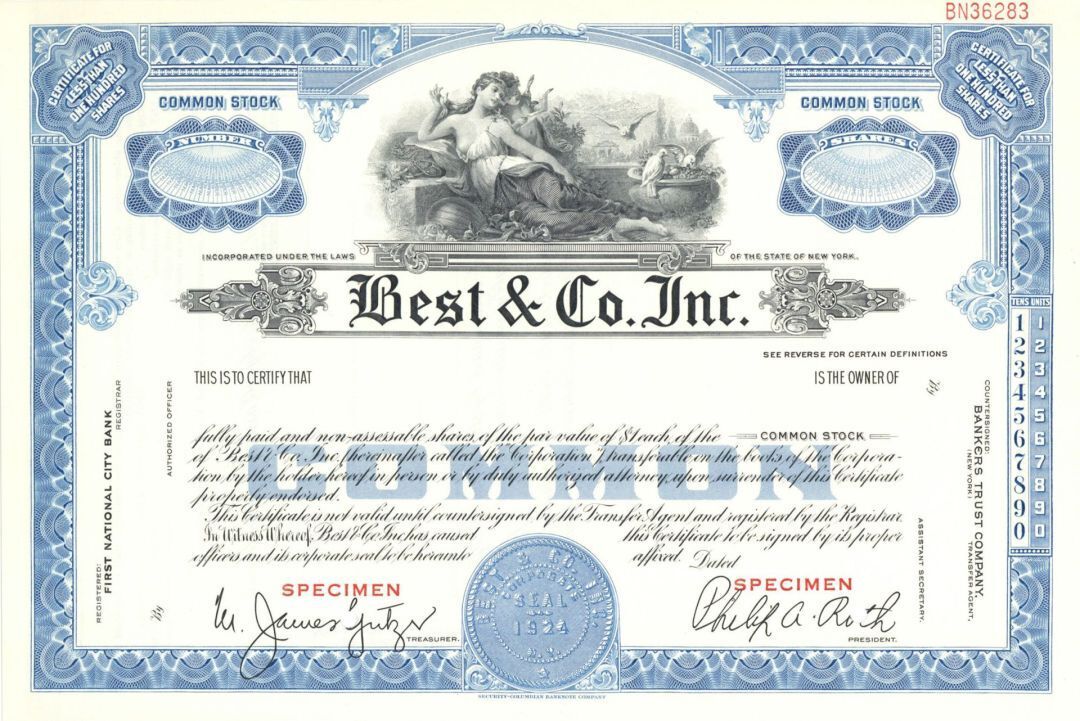 Best and Co. Inc. - 1924 Specimen Stock Certificate - Specimen Stocks & Bonds