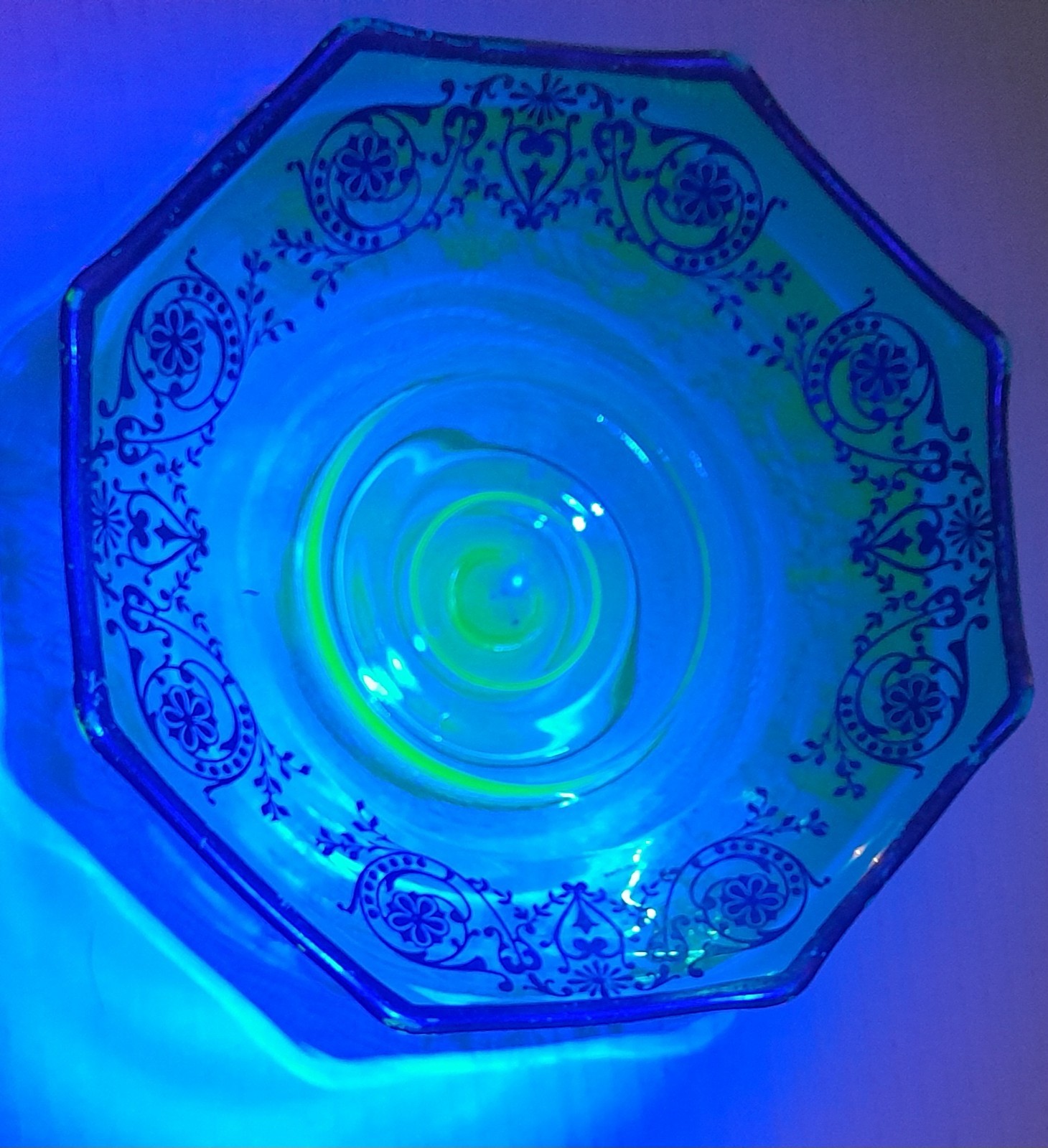 Vtg Green Vaseline  Uranium Depression Glass Candy Dish Bowl Silver Floral 