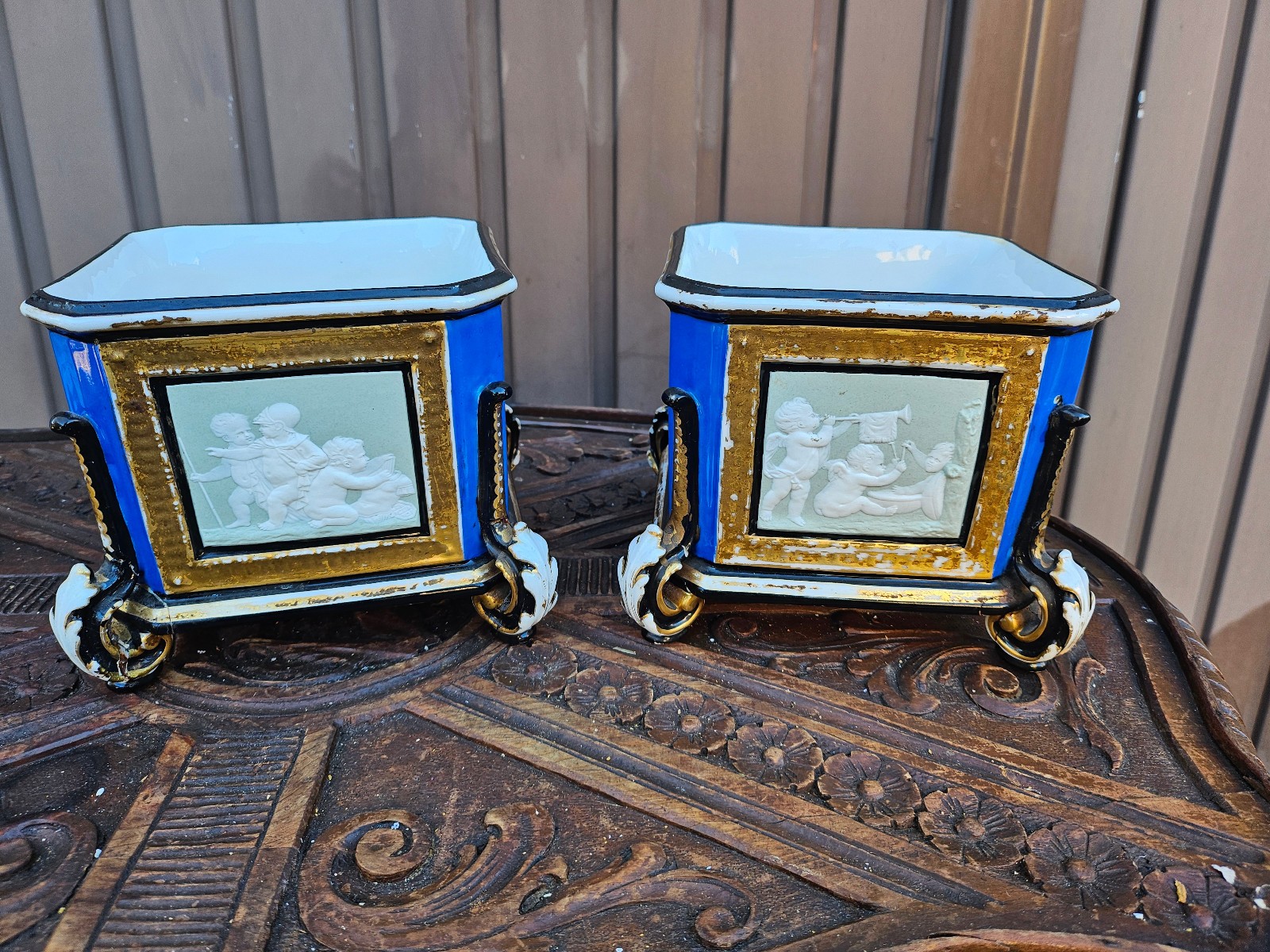 PAIR Antique French 1900 Porcelain Planter vase relief putti cherub decor