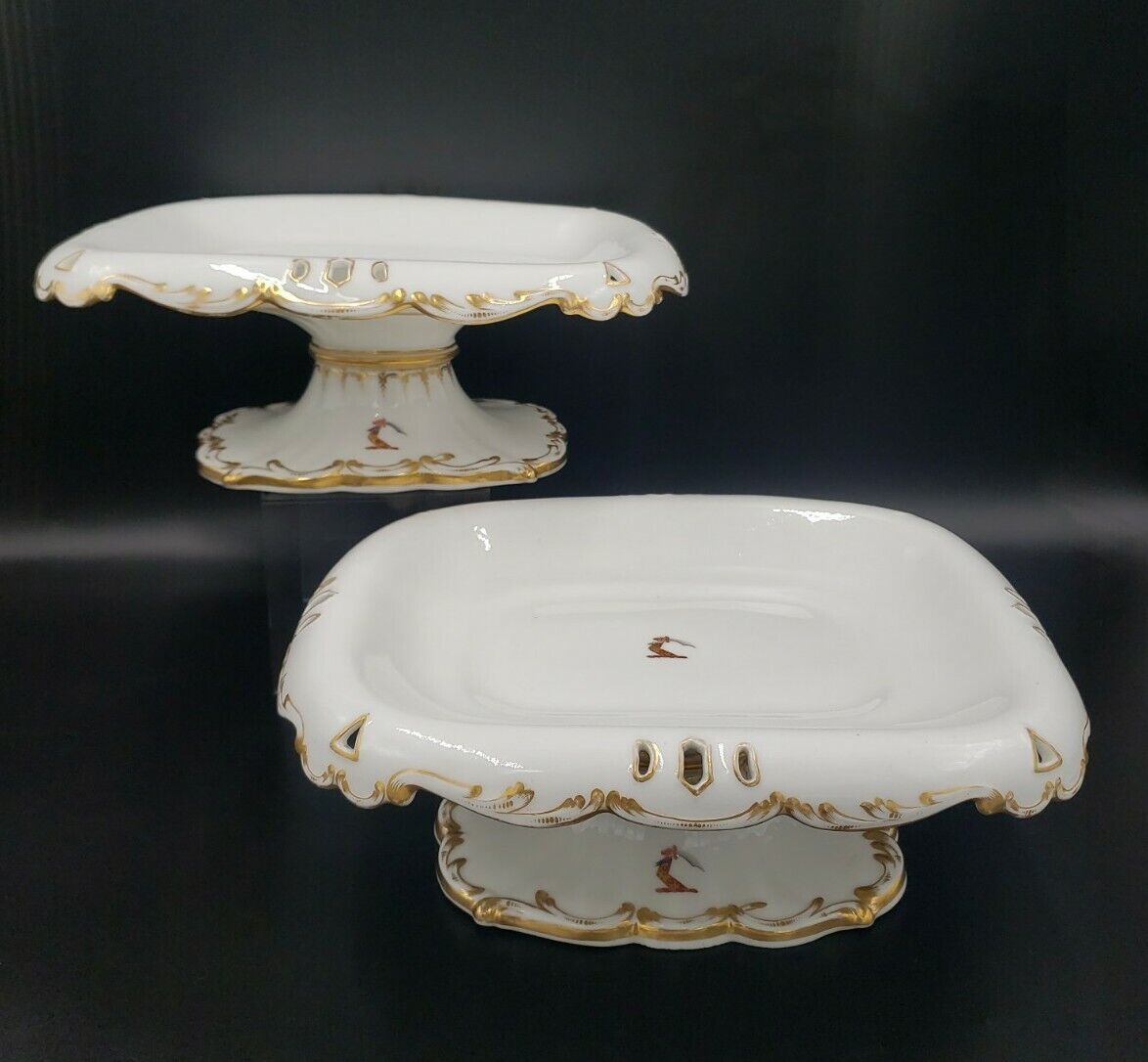 S/2 19th Century French White & Gold Porcelain Compotes w/ Family Crest