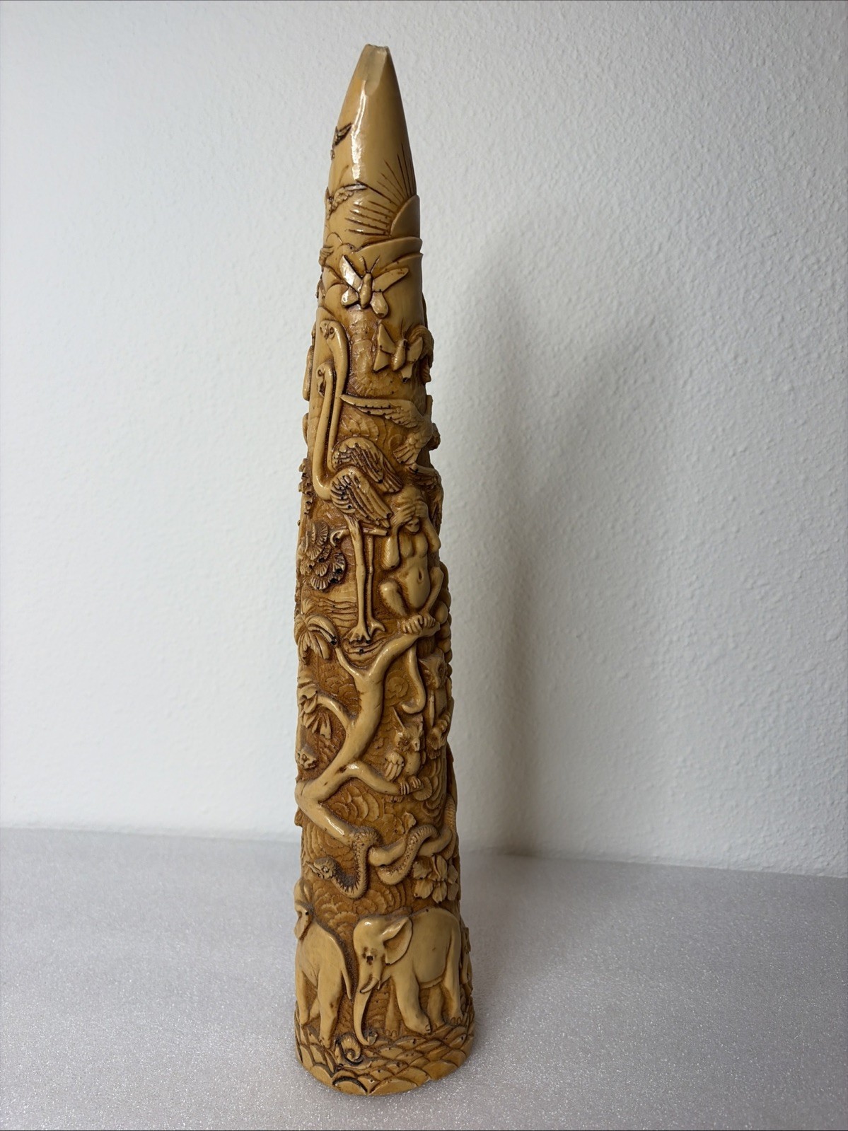 16” VTG Faux Ivory Tusk Animal Sculpture Elephant Monkey Birds And More Resin