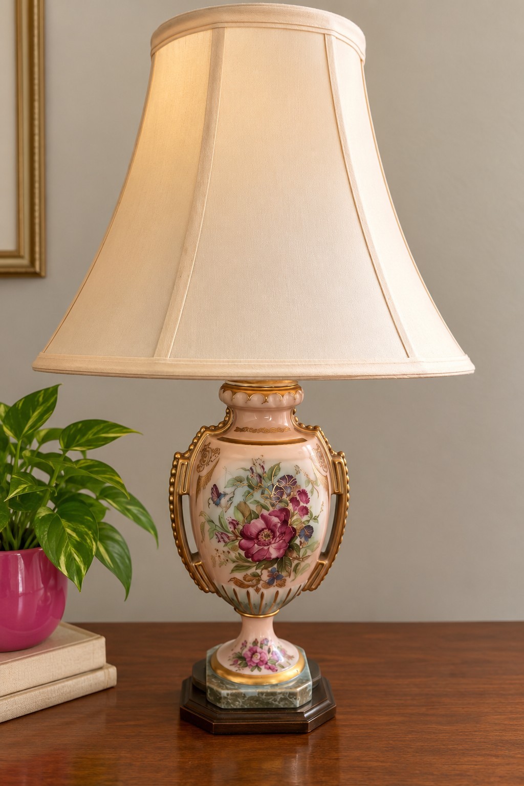 Vtg Victorian Lamp 50s Pink Gold Hand Painted Purple Flowers Shabby Chic MCM Vtg Victorian Lamp 50s Pink Gold Hand Painted Purple Flowers Shabby Chic MCM