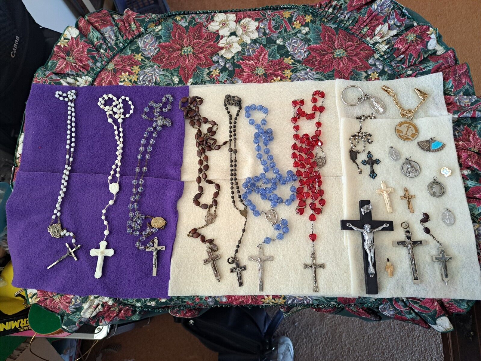 Catholic Vintage Grouping Of Long 7 Rosaries & Several Crosses & Medallions