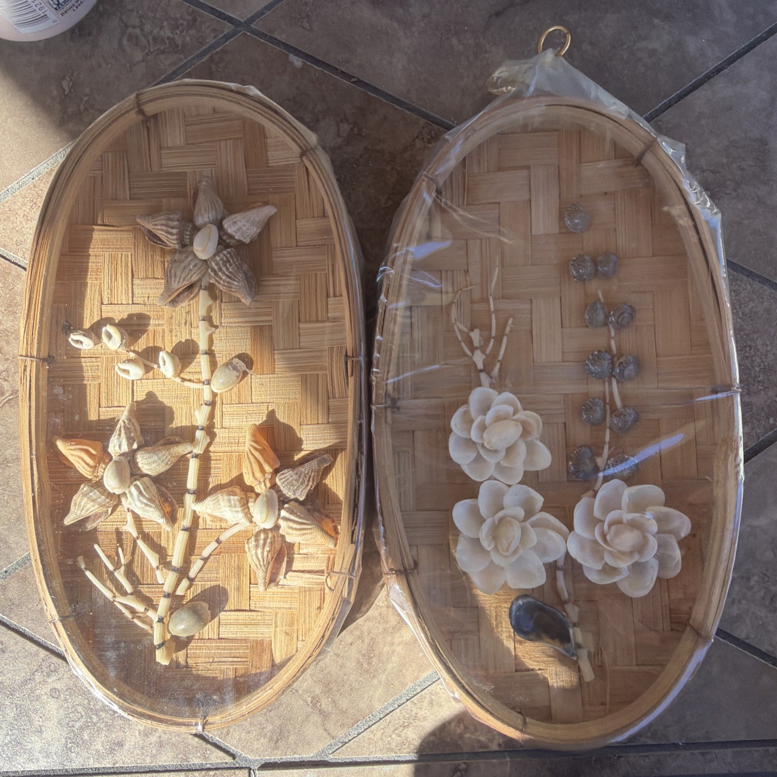 2 vtg Handcrafted Philippines Sea Shell Folk Art Floral Wicker Wall Decor SEALED 2 vtg Handcrafted Philippines Sea Shell Folk Art Floral Wicker Wall Decor SEALED