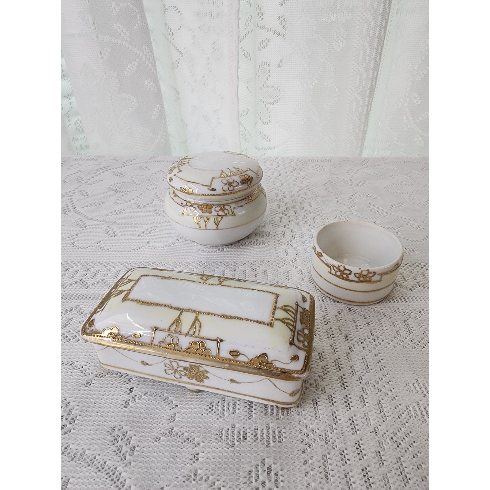 Antique Moriage Nippon Hand Painted Porcelain Vanity Set Gold Floral 3 Piece