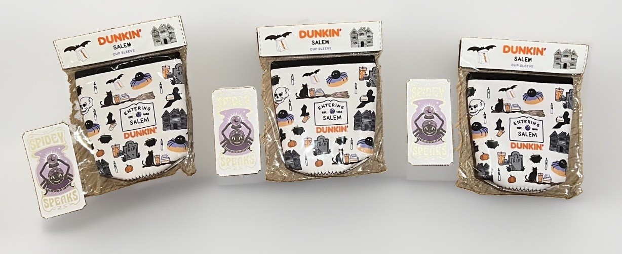 Dunkin\'  Entering Salem Sleeve Koozie limited ed. 2026 Halloween Spidey Speaks